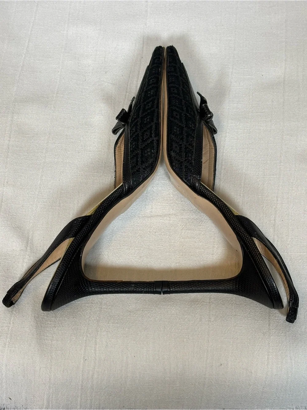 Vintage Isaac Mizrahi Patterned Fabric Slingback Pumps Heels-Black-Women Size 7